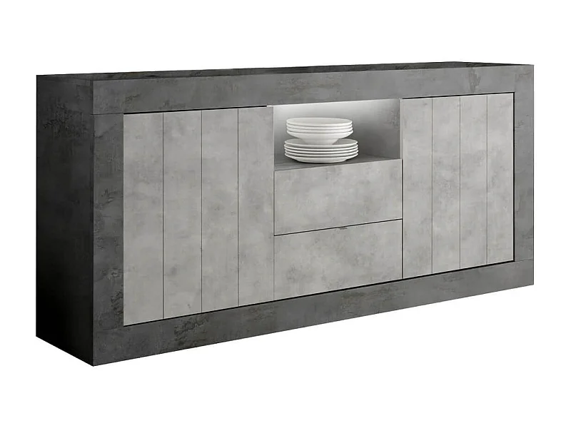 Buffet 2 portes 2 tiroirs et 1 niche gris aspect Cimento et Oxyde - PAOLINO