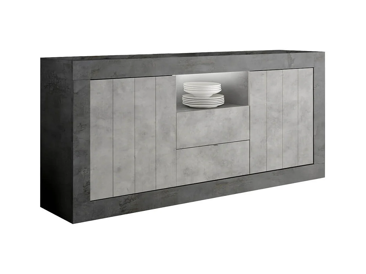 Buffet 2 portes 2 tiroirs et 1 niche gris aspect Cimento et Oxyde - PAOLINO