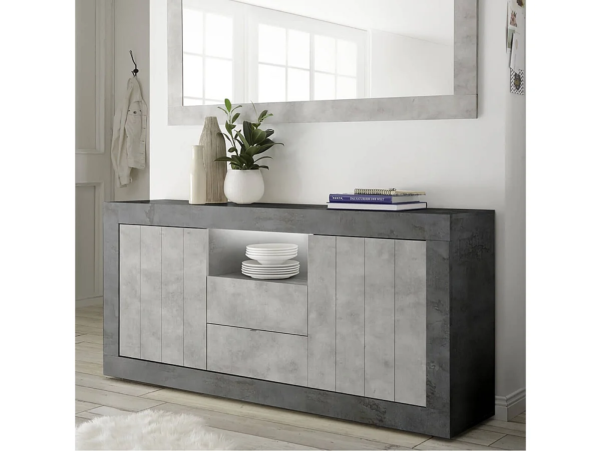Buffet 2 portes 2 tiroirs et 1 niche gris aspect Cimento et Oxyde - PAOLINO