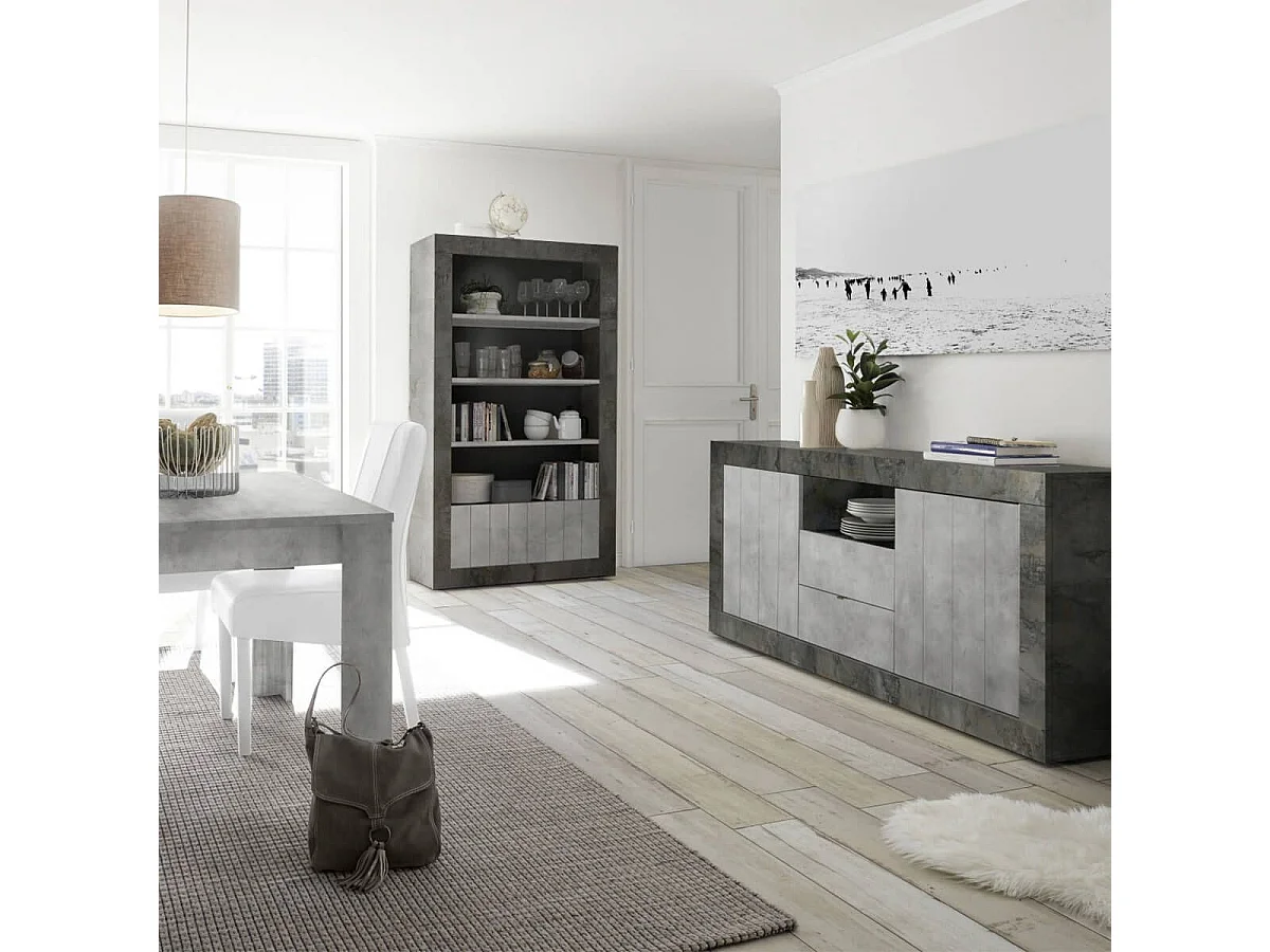 Buffet 2 portes 2 tiroirs et 1 niche gris aspect Cimento et Oxyde - PAOLINO