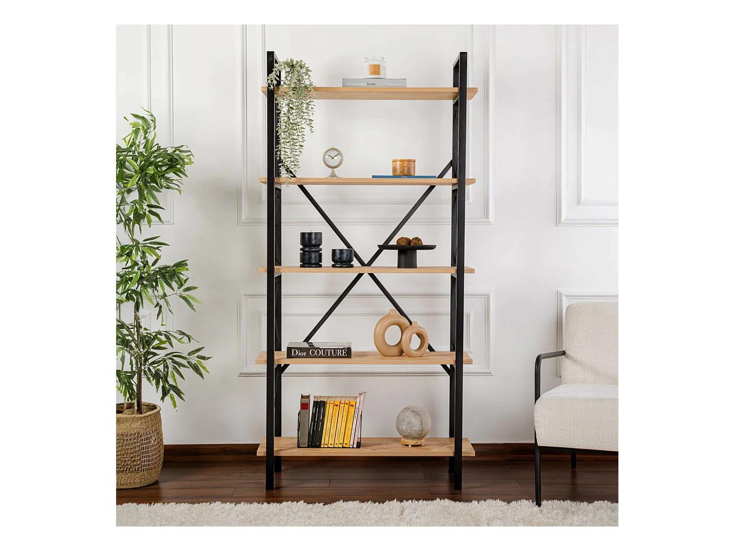 ELYSIAN - Etagère moderne 5 espaces de rangement bois et métal 180cm