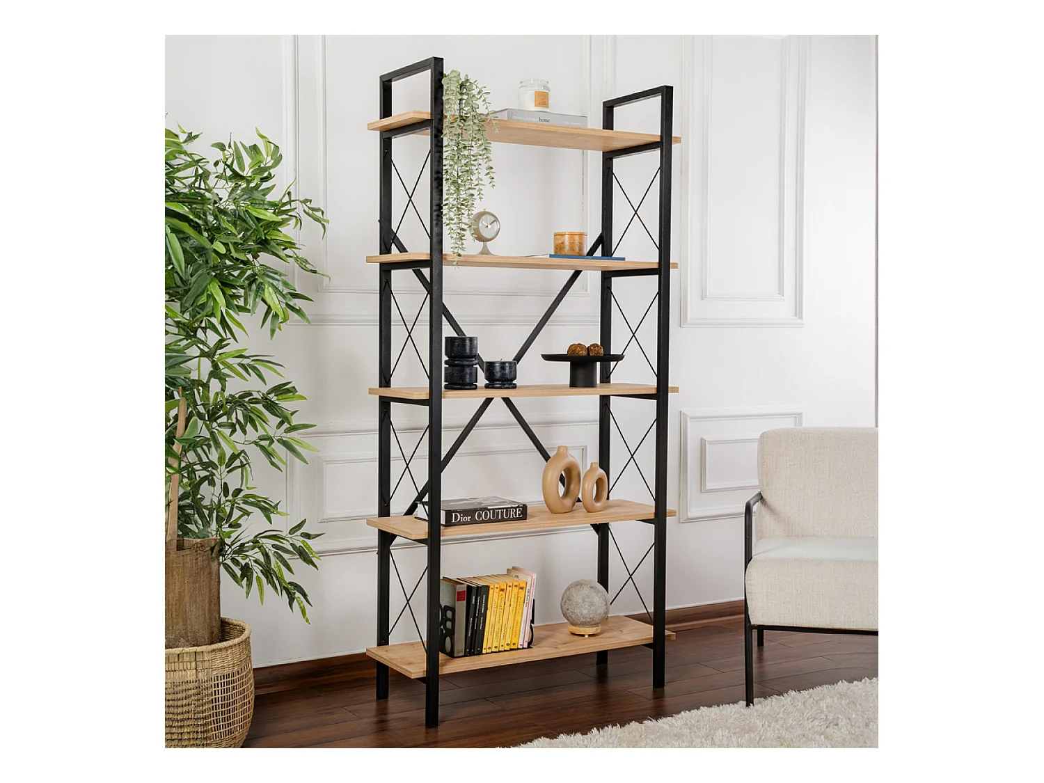 ELYSIAN - Etagère moderne 5 espaces de rangement bois et métal 180cm