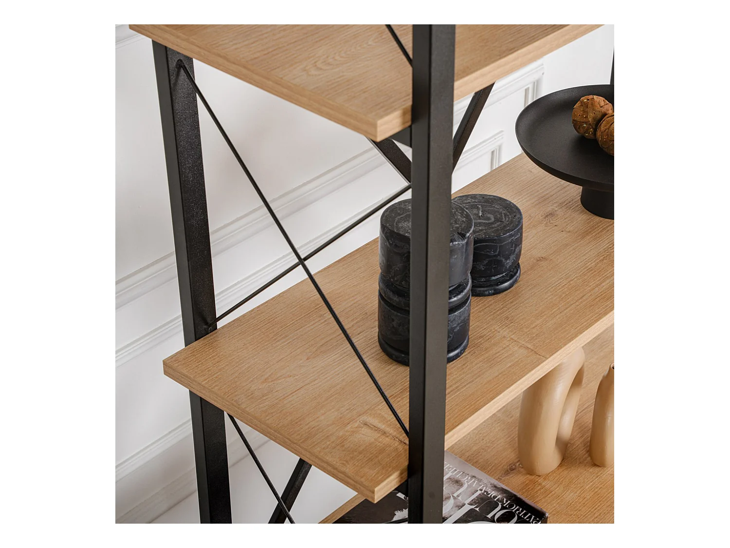 ELYSIAN - Etagère moderne 5 espaces de rangement bois et métal 180cm