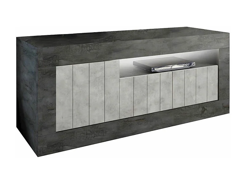 Meuble TV 3 portes 1 niche gris aspect Cimento et Oxyde - PAOLINO
