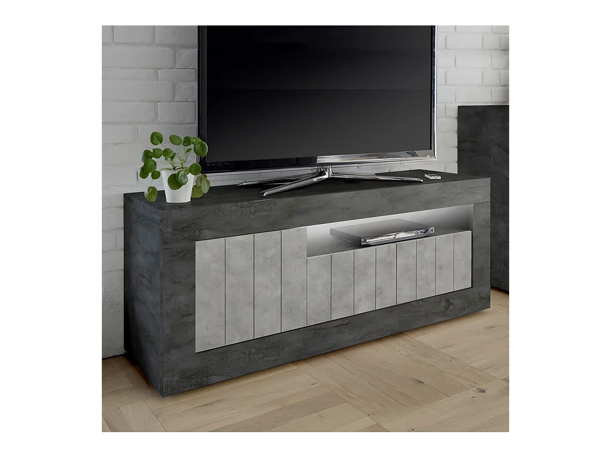 Meuble TV 3 portes 1 niche gris aspect Cimento et Oxyde - PAOLINO
