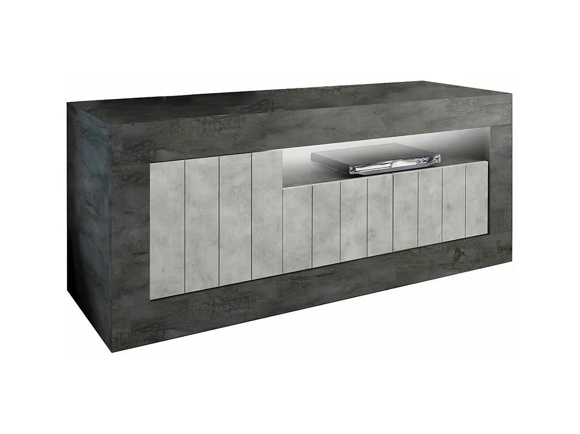 Meuble TV 3 portes 1 niche gris aspect Cimento et Oxyde - PAOLINO