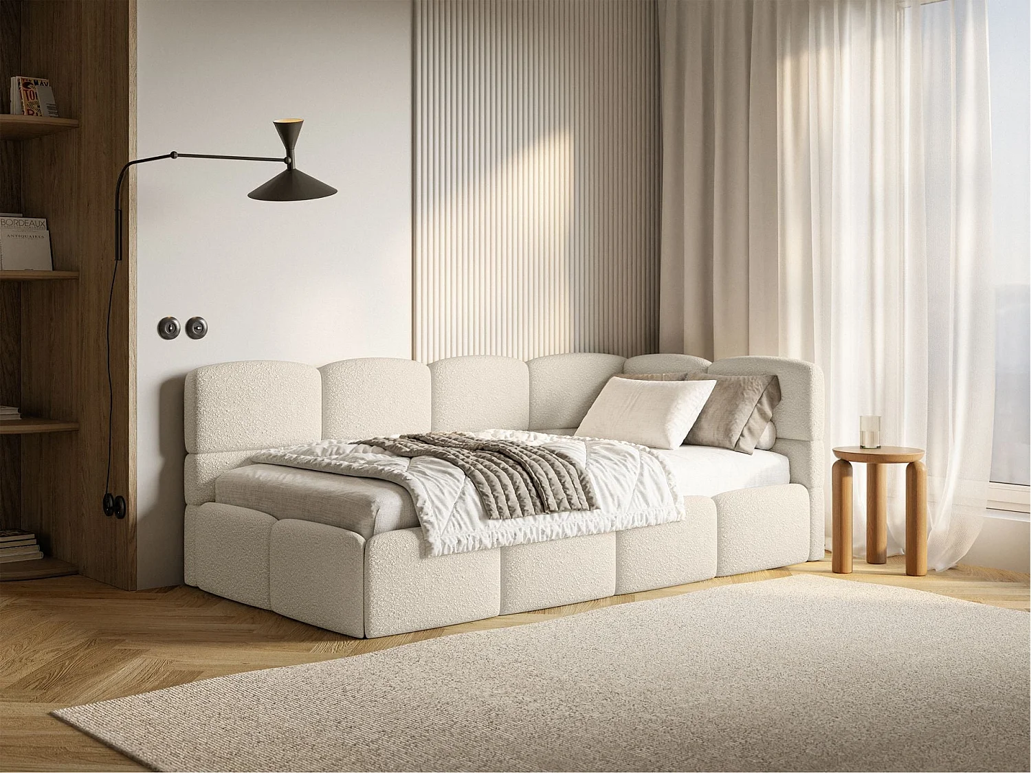Tienerbed met opbergruimte - lichtbeige - rechterkant - CLOUDY