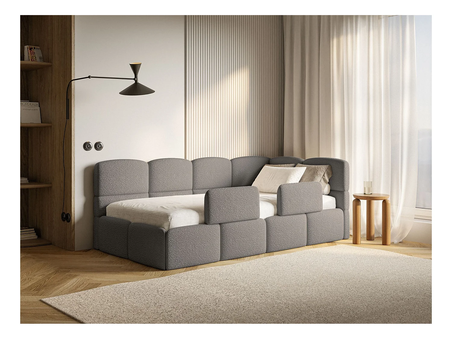 Jugendbett 90x200 - rechts - mit Matratze & Rausfallschutz - Bouclé Grau - CLOUDY