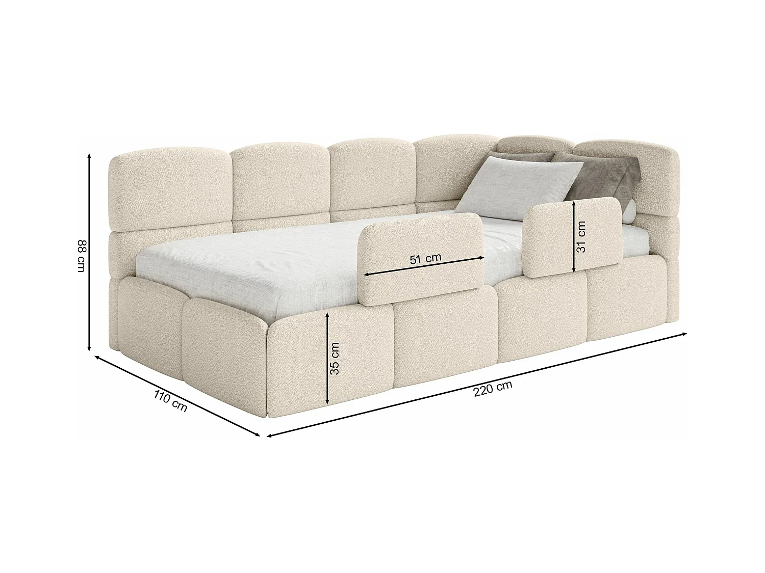 Jugendbett 90x200 - rechts - mit Matratze & Rausfallschutz - Bouclé Grau - CLOUDY