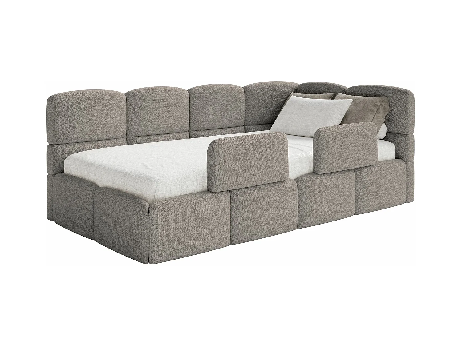 Jugendbett 90x200 - rechts - mit Matratze & Rausfallschutz - Bouclé Grau - CLOUDY