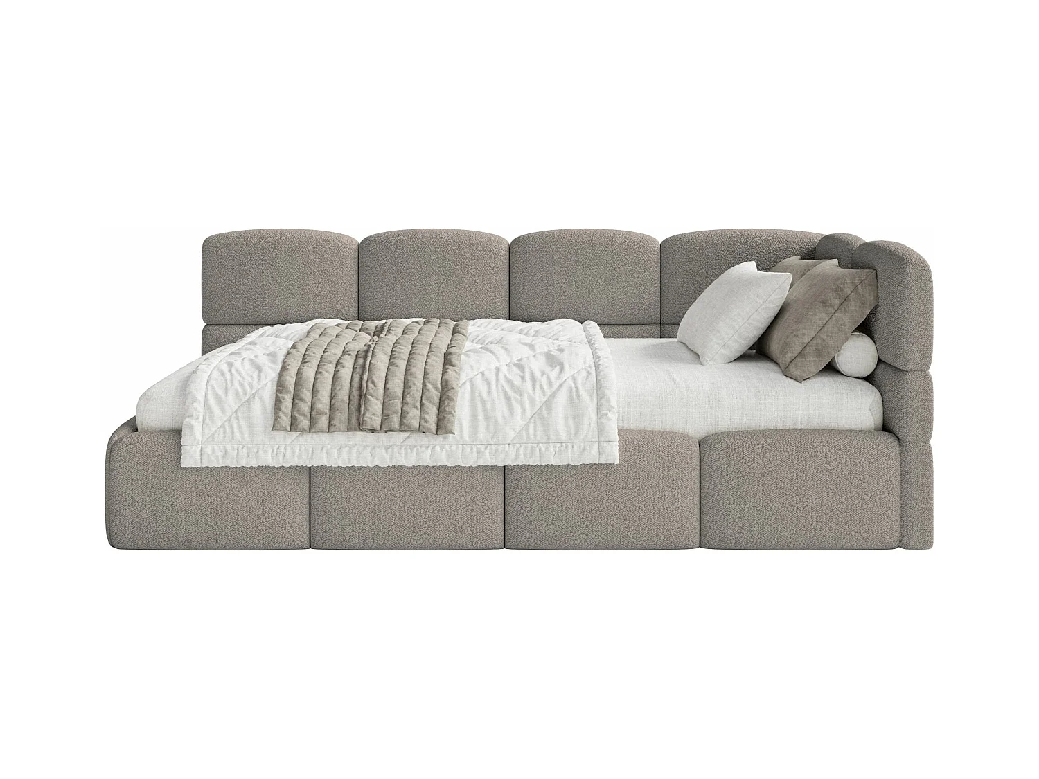 Jugendbett 90x200 - rechts - mit Matratze & Rausfallschutz - Bouclé Grau - CLOUDY