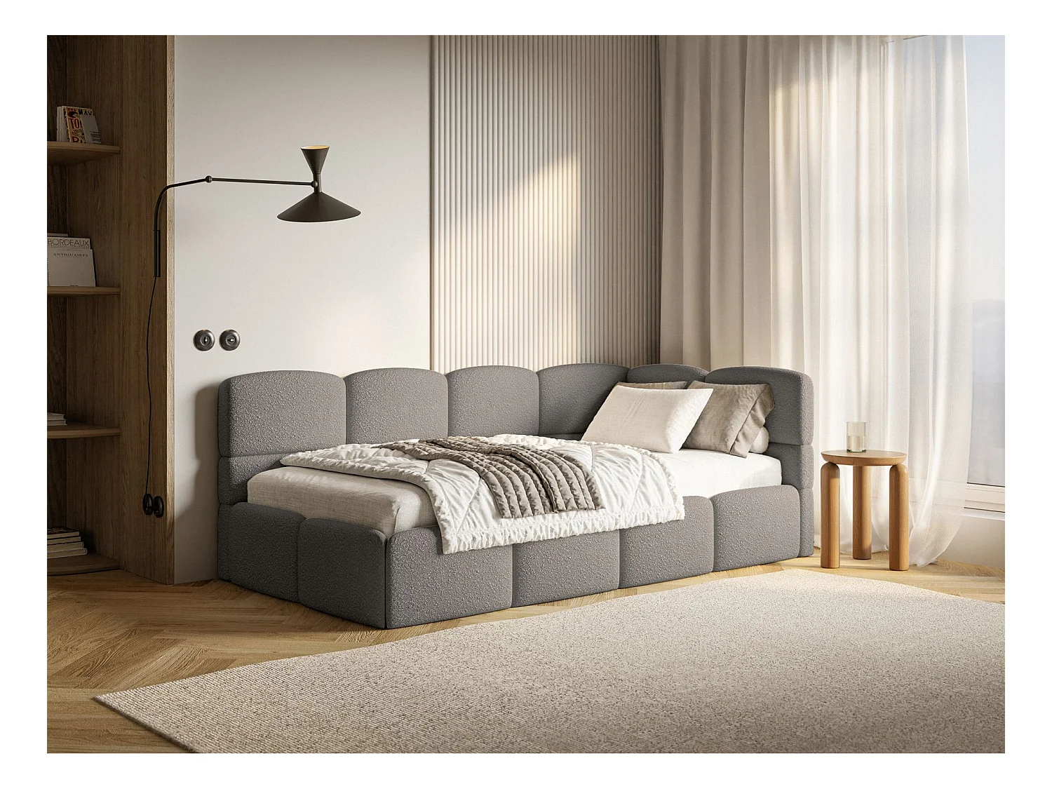 Jugendbett 90x200 - rechts - mit Matratze & Rausfallschutz - Bouclé Grau - CLOUDY