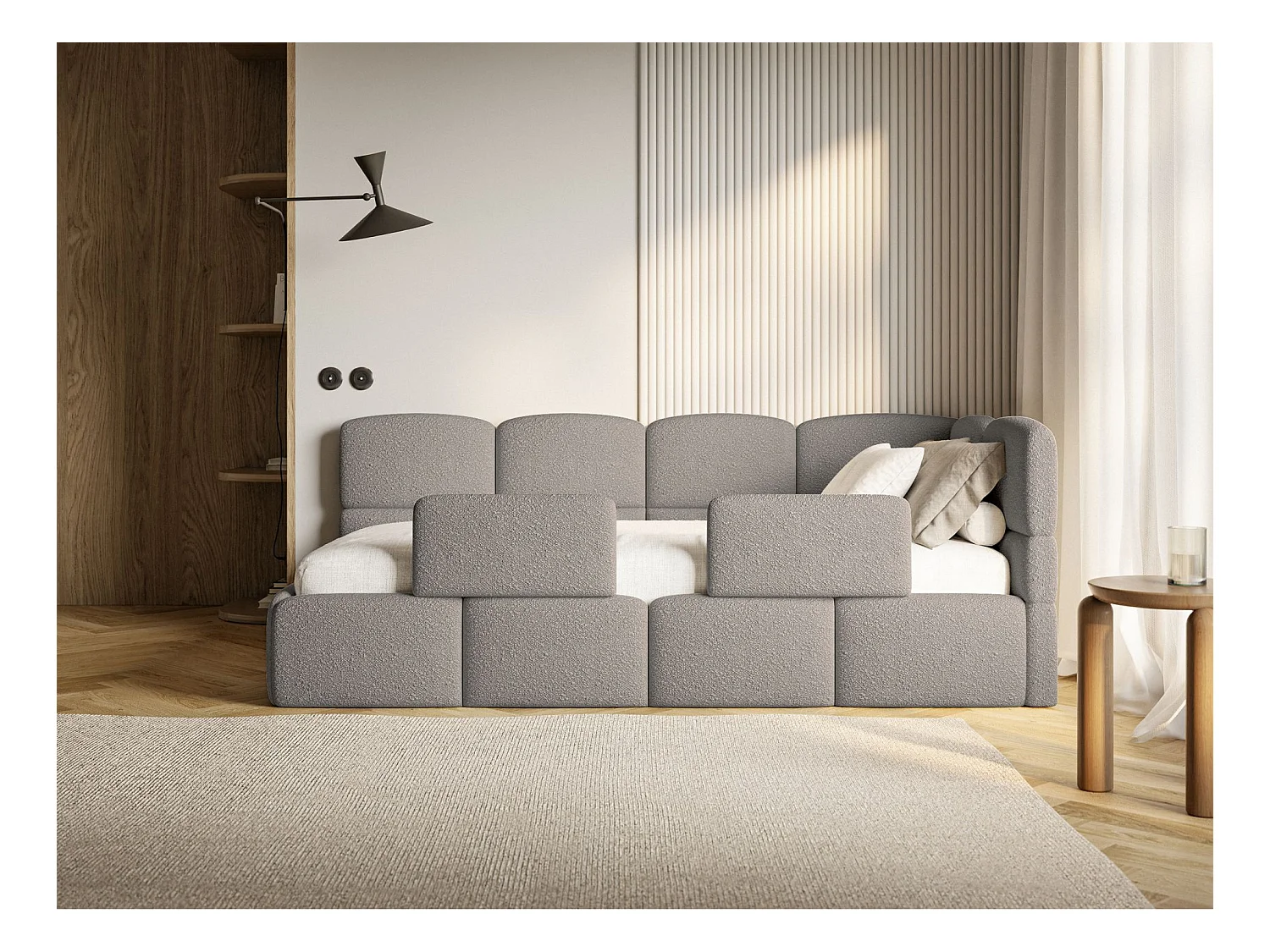 Jugendbett 90x200 - rechts - mit Matratze & Rausfallschutz - Bouclé Grau - CLOUDY