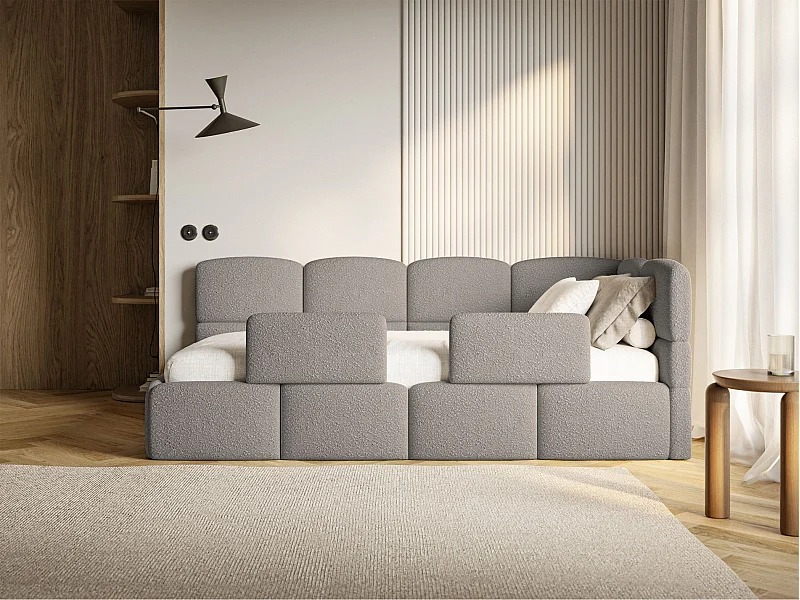 Jugendbett 90x200 - rechts - mit Matratze & Rausfallschutz - Bouclé Grau - CLOUDY