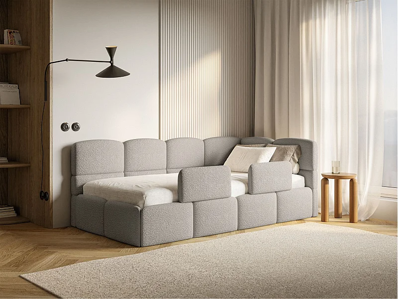 Jugendbett 90x200 - rechts - mit Matratze & Rausfallschutz - Bouclé Greige - CLOUDY