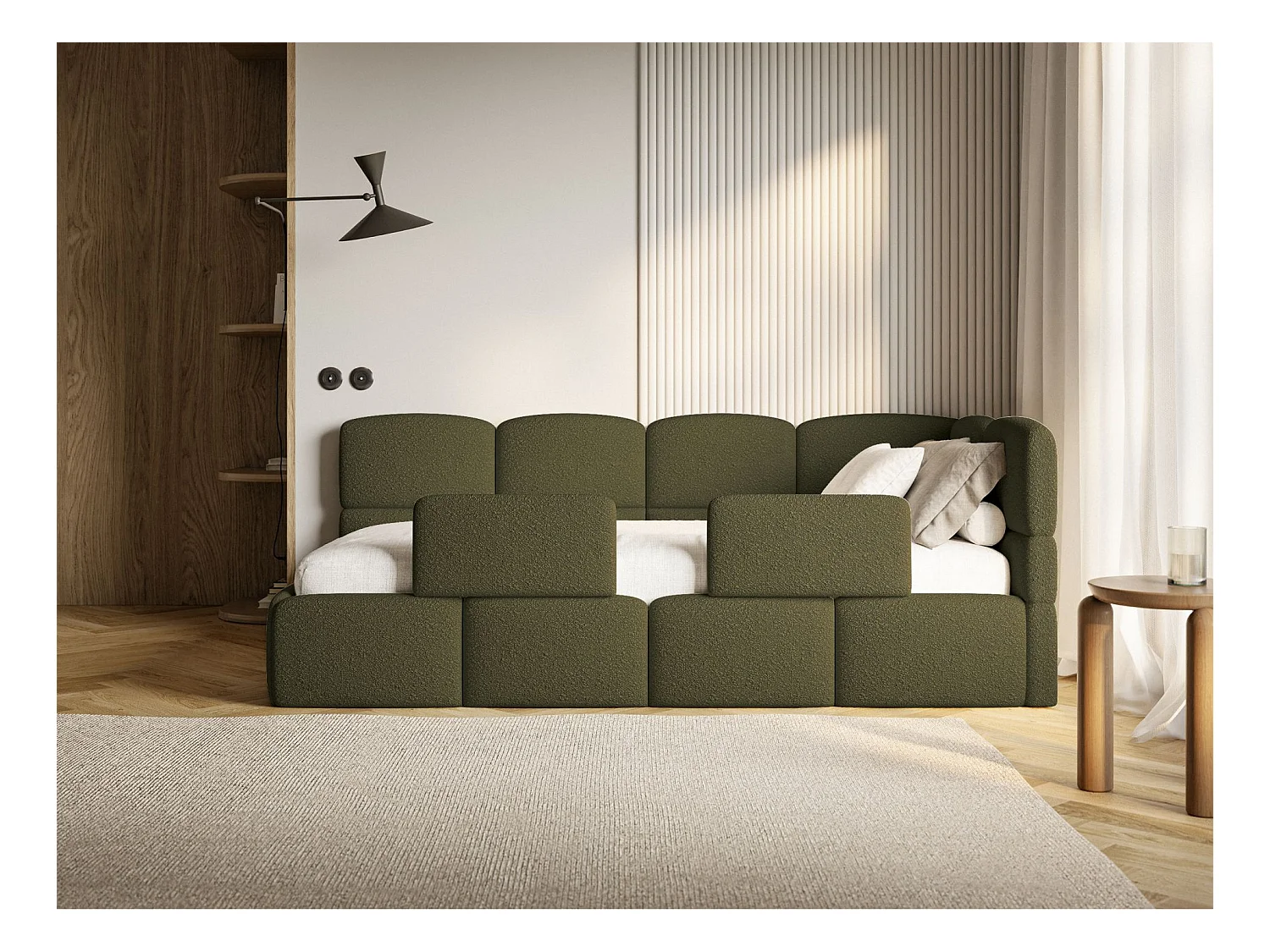 Lit ado avec coffre et barrières - olive foncé - côté droit - CLOUDY