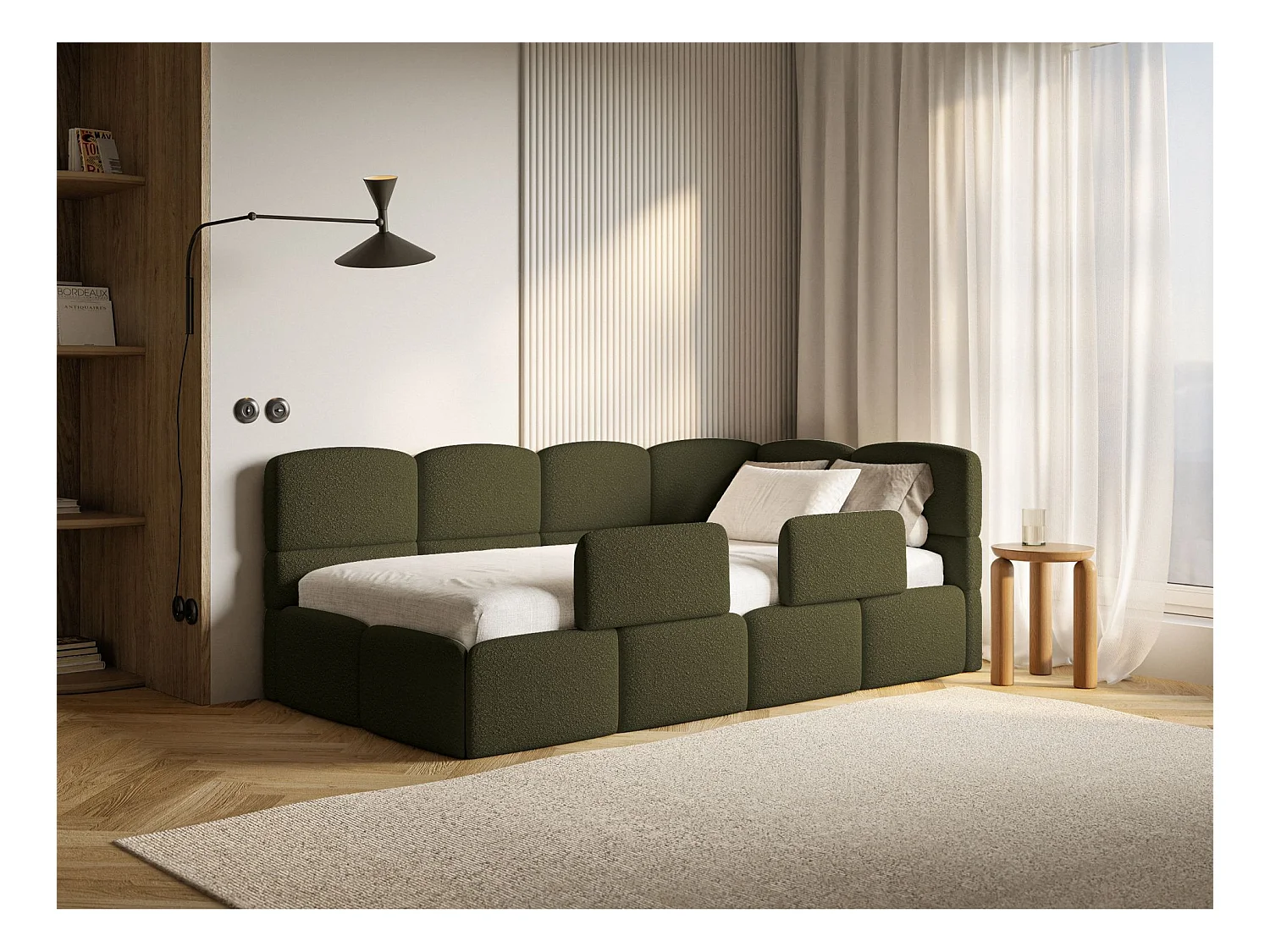 Lit ado avec coffre et barrières - olive foncé - côté droit - CLOUDY