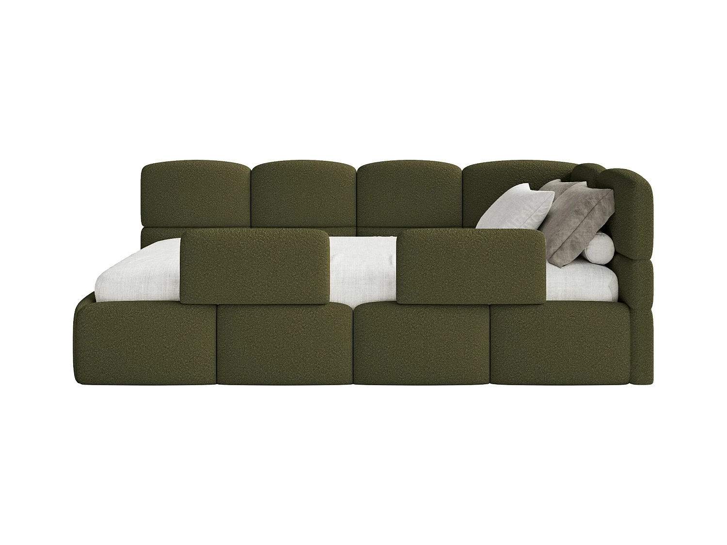 Jugendbett 90x200 - rechts - mit Rausfallschutz - Bouclé Olivgrün - CLOUDY