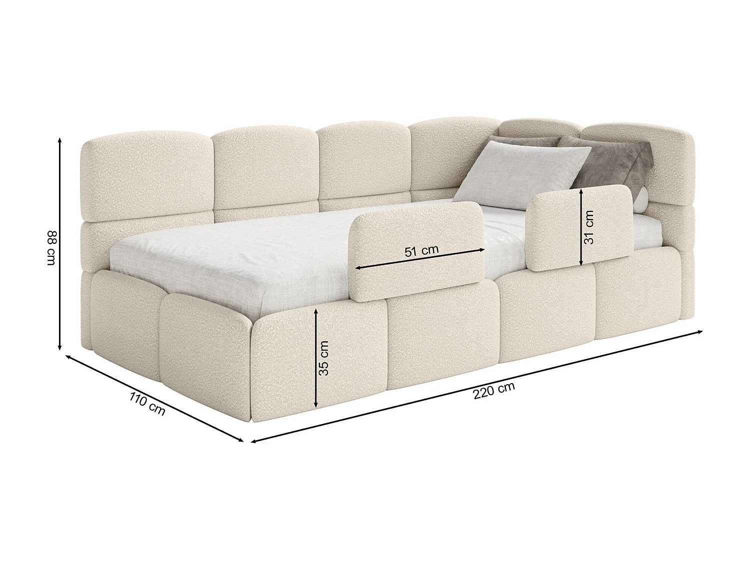 Lit ado avec coffre - grege - côté gauche - CLOUDY