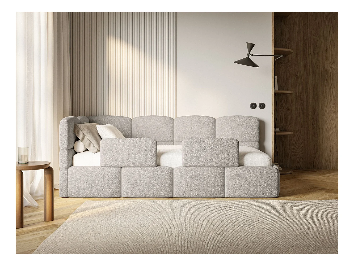 Jugendbett 90x200 - links - mit Rausfallschutz - Bouclé Greige - CLOUDY