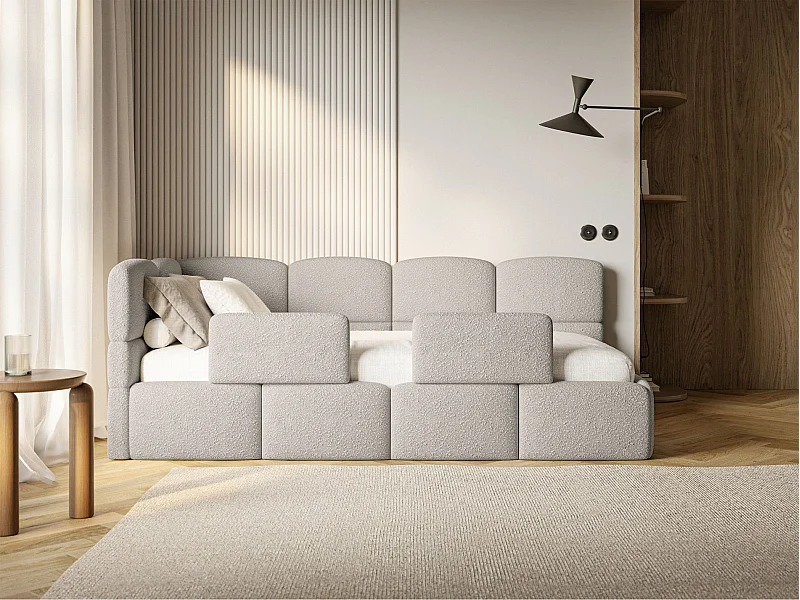 Jugendbett 90x200 - links - mit Rausfallschutz - Bouclé Greige - CLOUDY