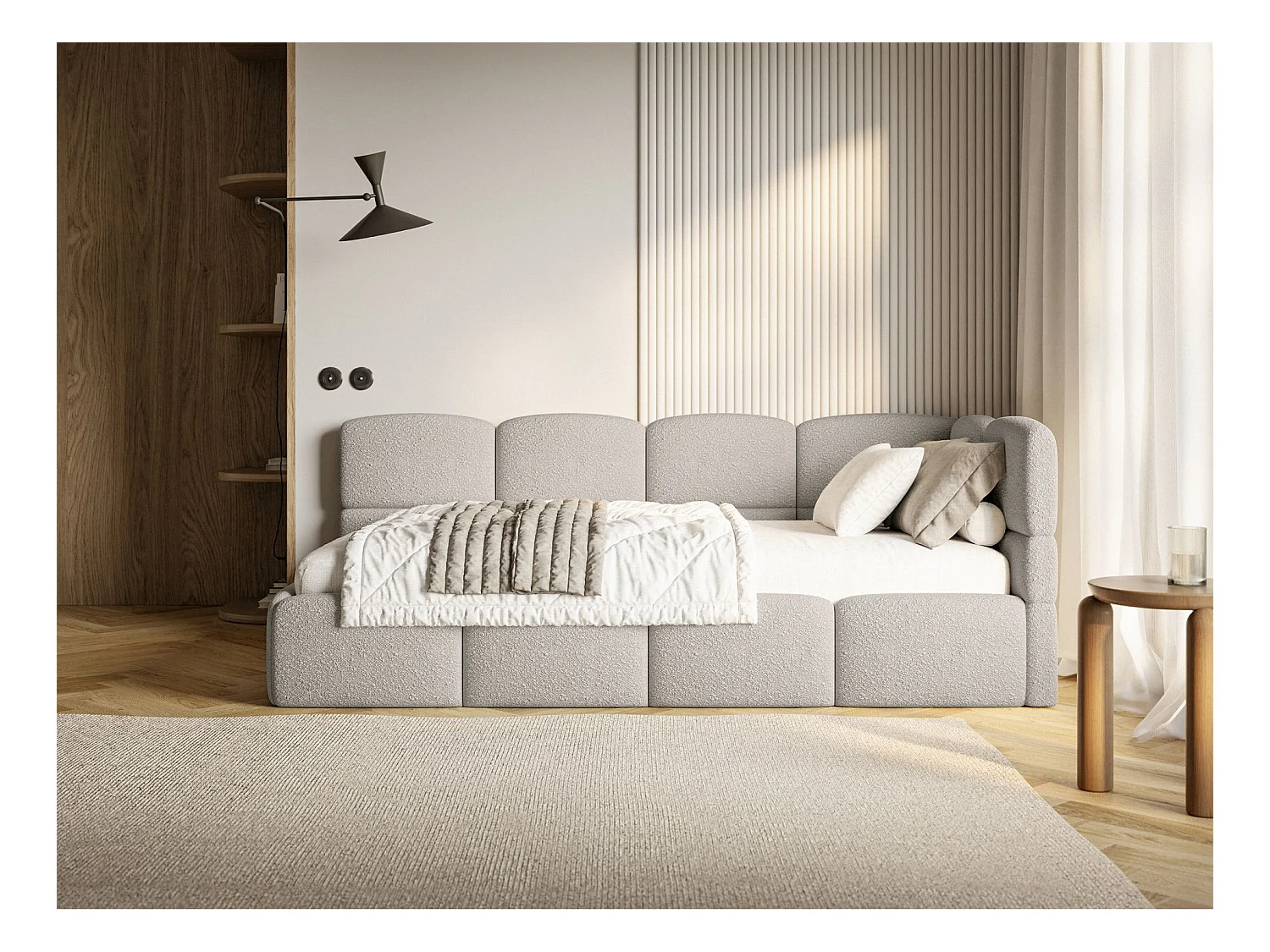 Jugendbett 90x200 - rechts - mit Matratze - Bouclé Greige - CLOUDY