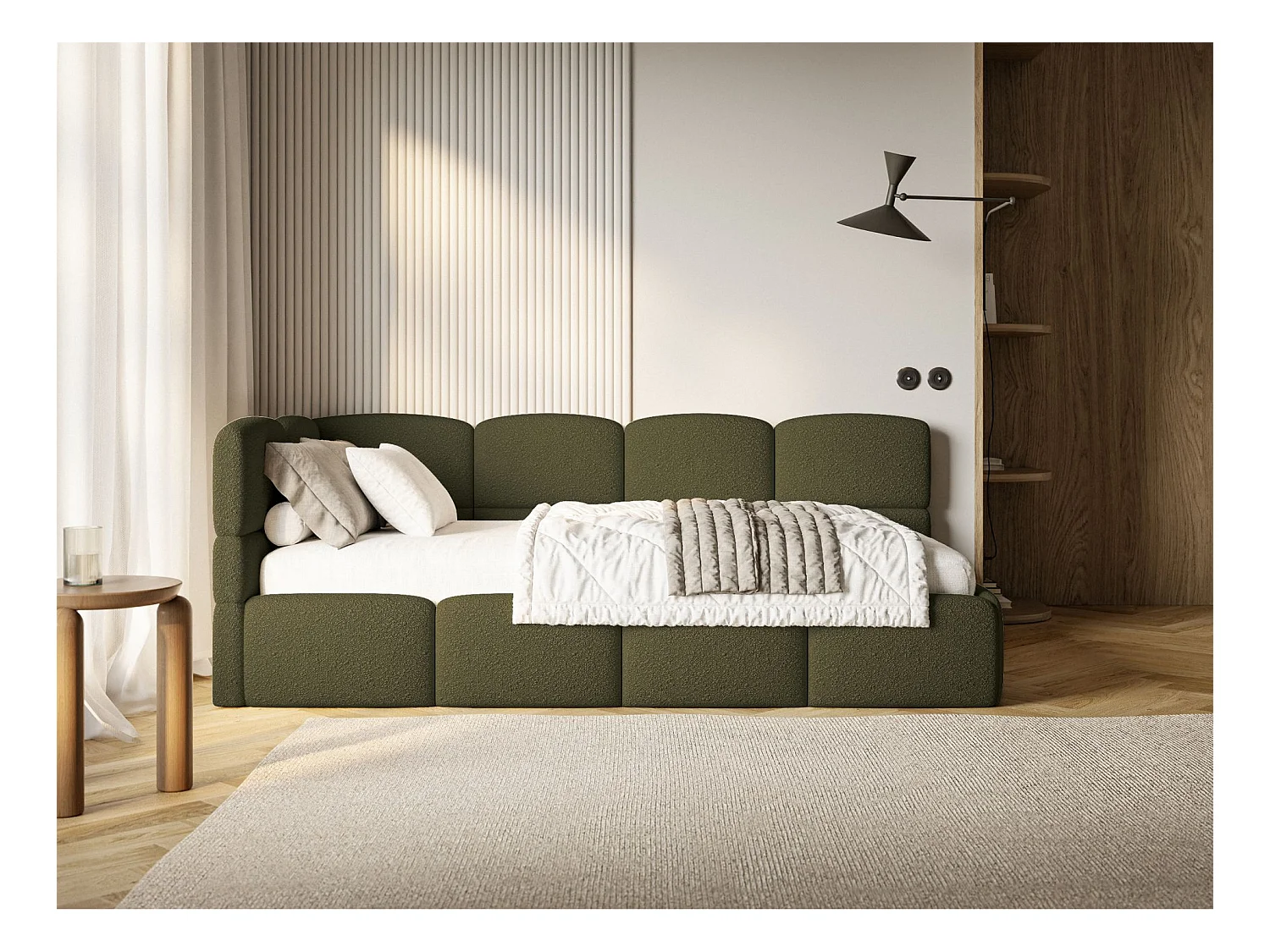Jugendbett 90x200 - links - Bouclé Olivgrün - CLOUDY