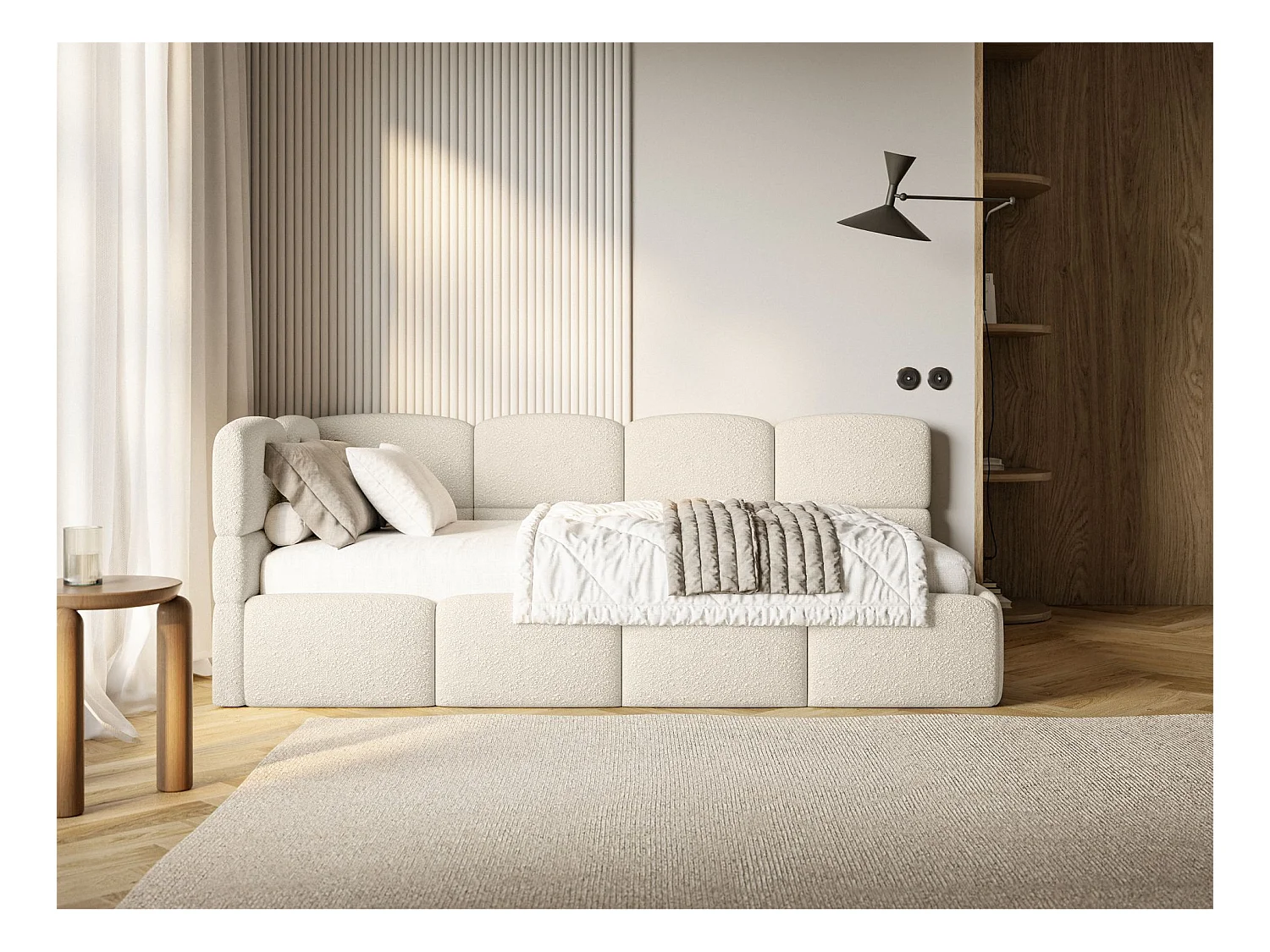 Jugendbett 90x200 - links - Bouclé Hellbeige - CLOUDY