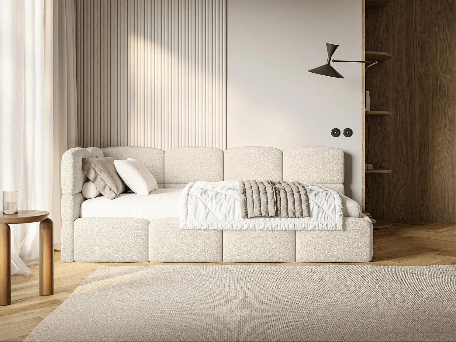 Jugendbett 90x200 - links - Bouclé Hellbeige - CLOUDY