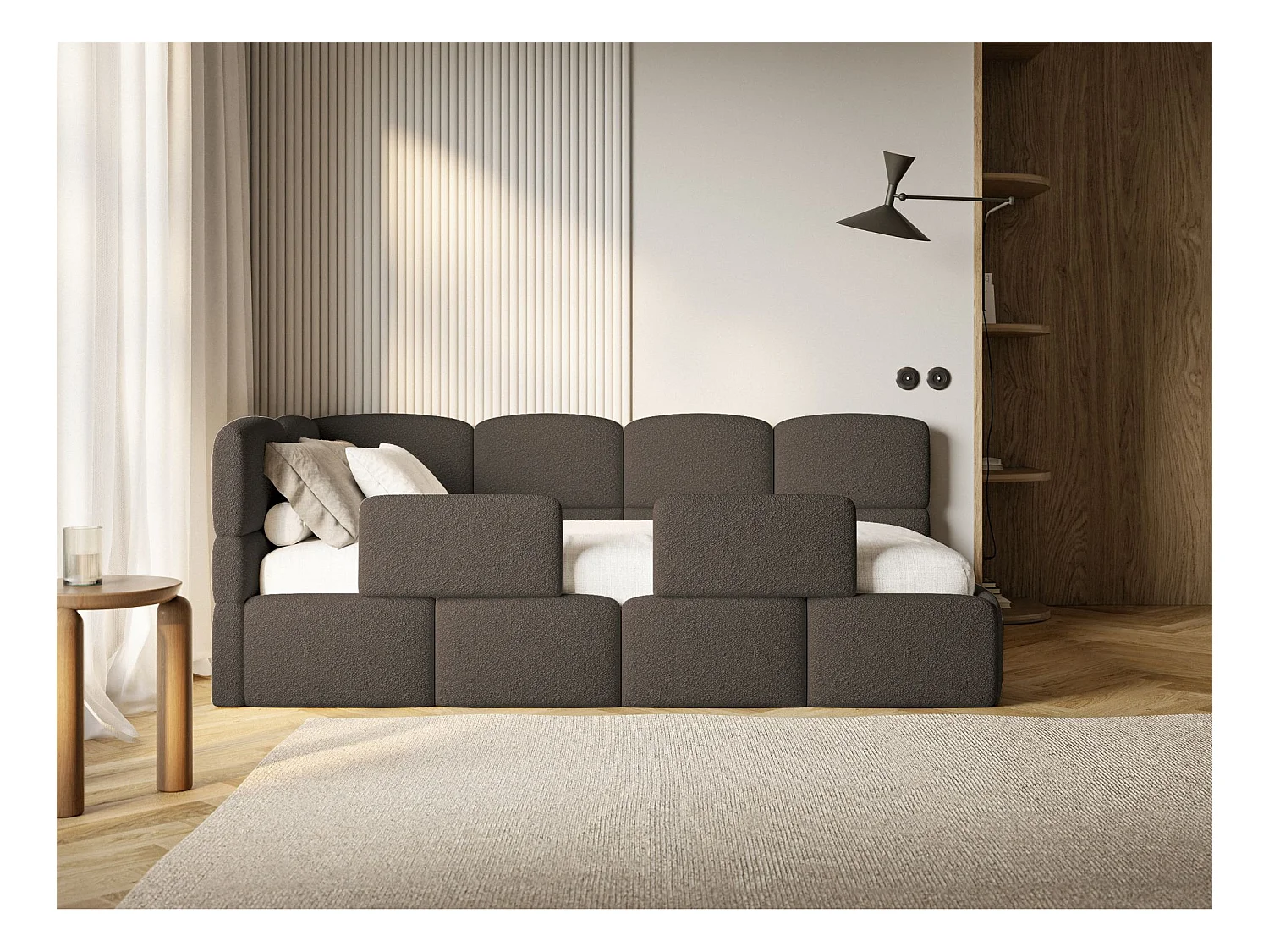 Jugendbett 90x200 - links - mit Rausfallschutz - Bouclé Braun - CLOUDY