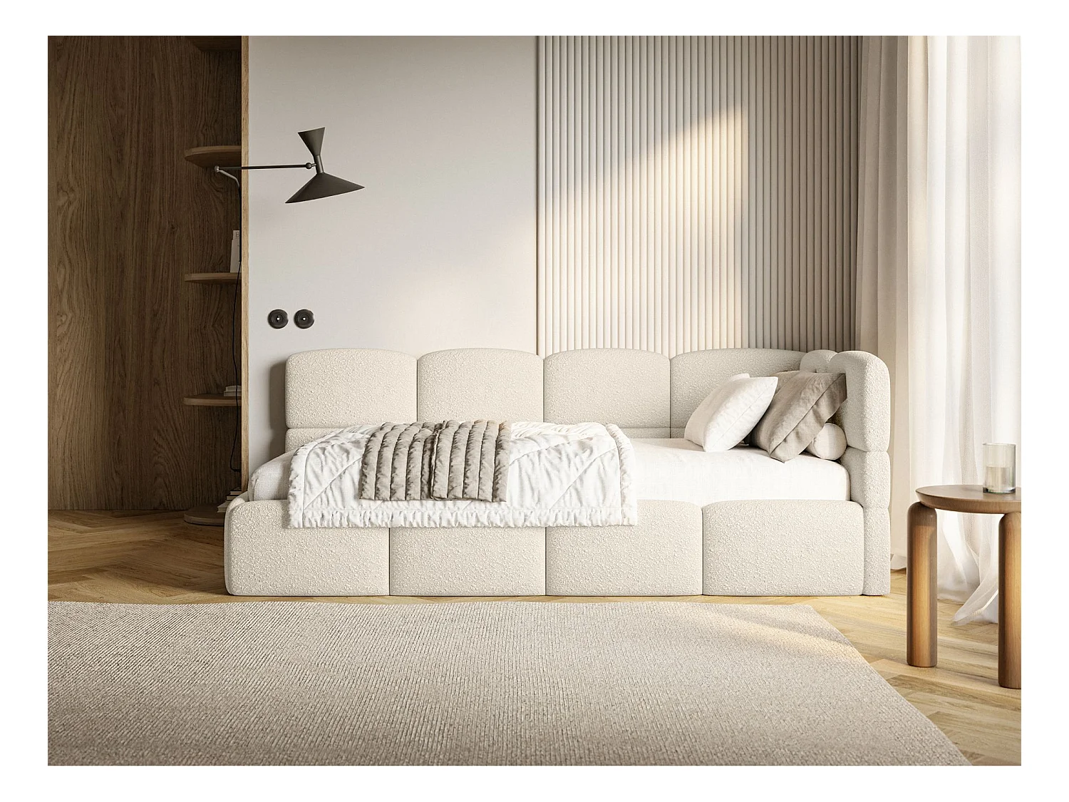 Jugendbett 90x200 - rechts - mit Matratze - Bouclé Hellbeige - CLOUDY