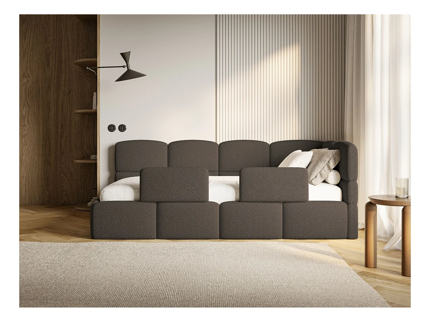 Jugendbett 90x200 - rechts - mit Matratze & Rausfallschutz - Bouclé Braun - CLOUDY