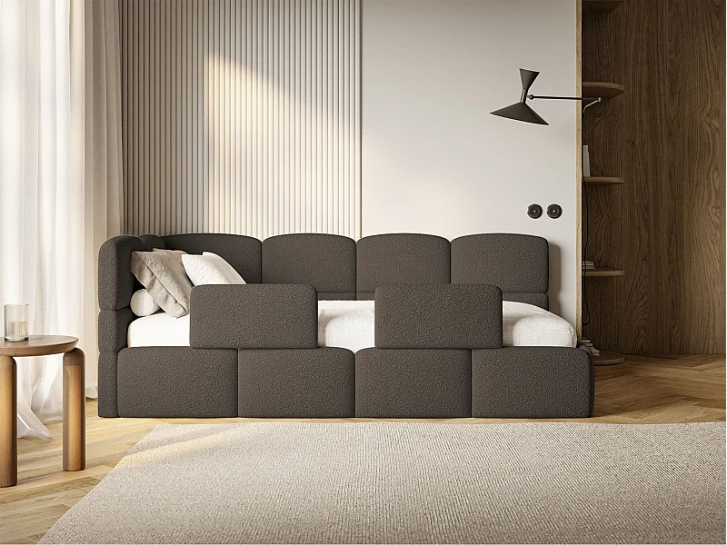 Jugendbett 90x200 - links - mit Matratze & Rausfallschutz - Bouclé Braun - CLOUDY