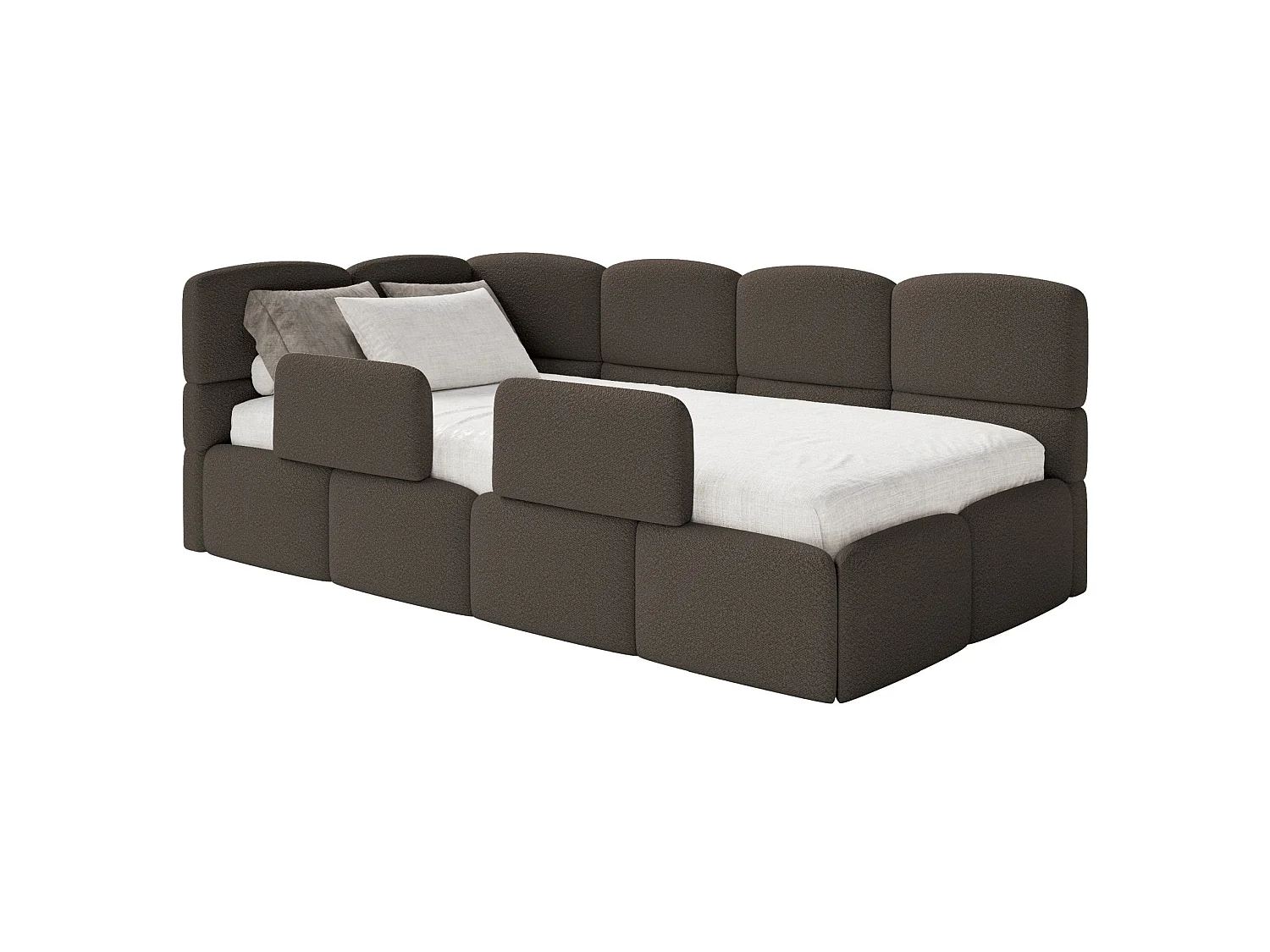 Jugendbett 90x200 - links - mit Matratze & Rausfallschutz - Bouclé Braun - CLOUDY