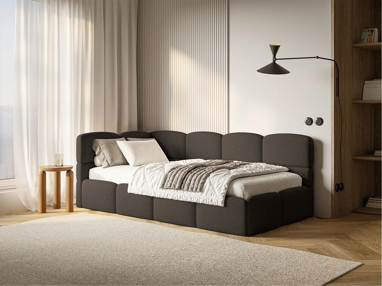 Jugendbett 90x200 - links - mit Matratze & Rausfallschutz - Bouclé Braun - CLOUDY