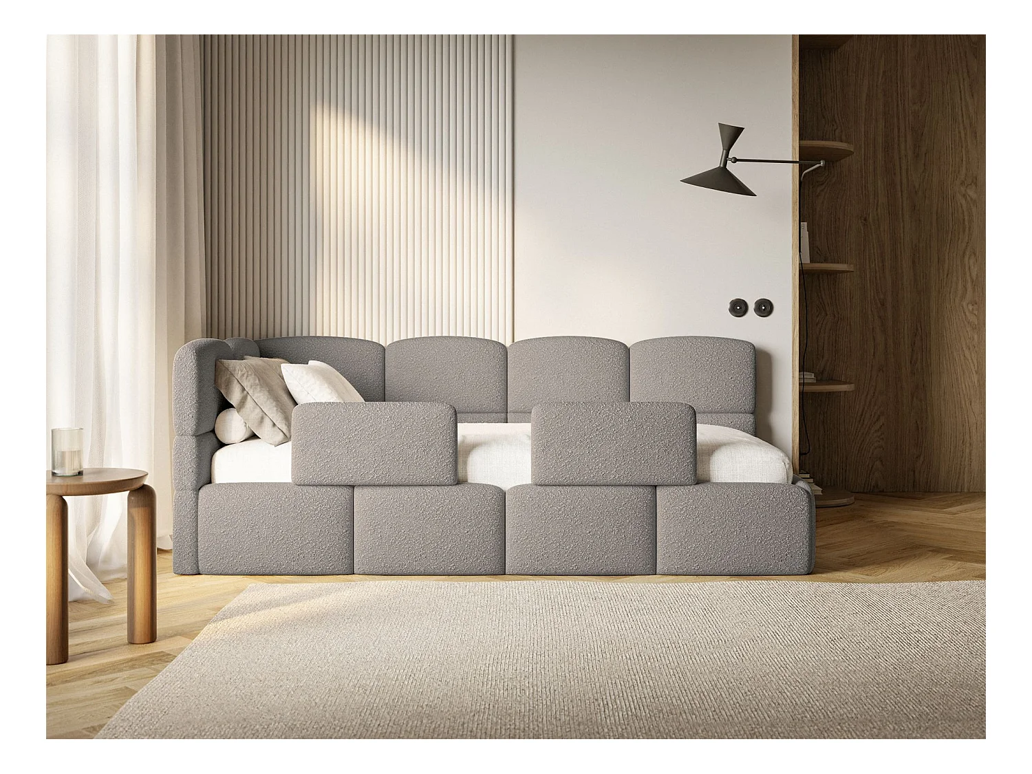 Jugendbett 90x200 - links - mit Rausfallschutz - Bouclé Grau - CLOUDY