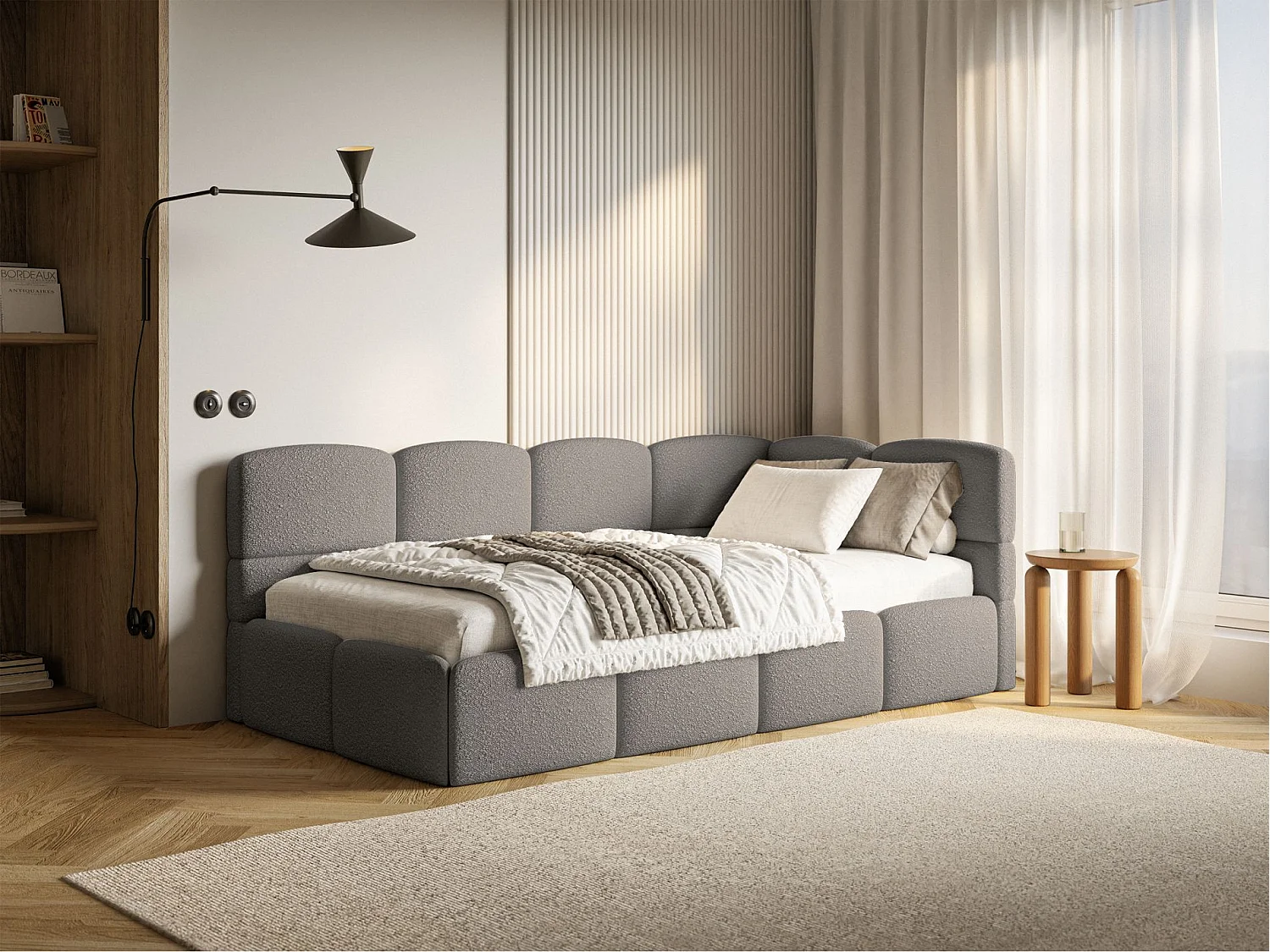 Jugendbett 90x200 - rechts - Bouclé Grau - CLOUDY