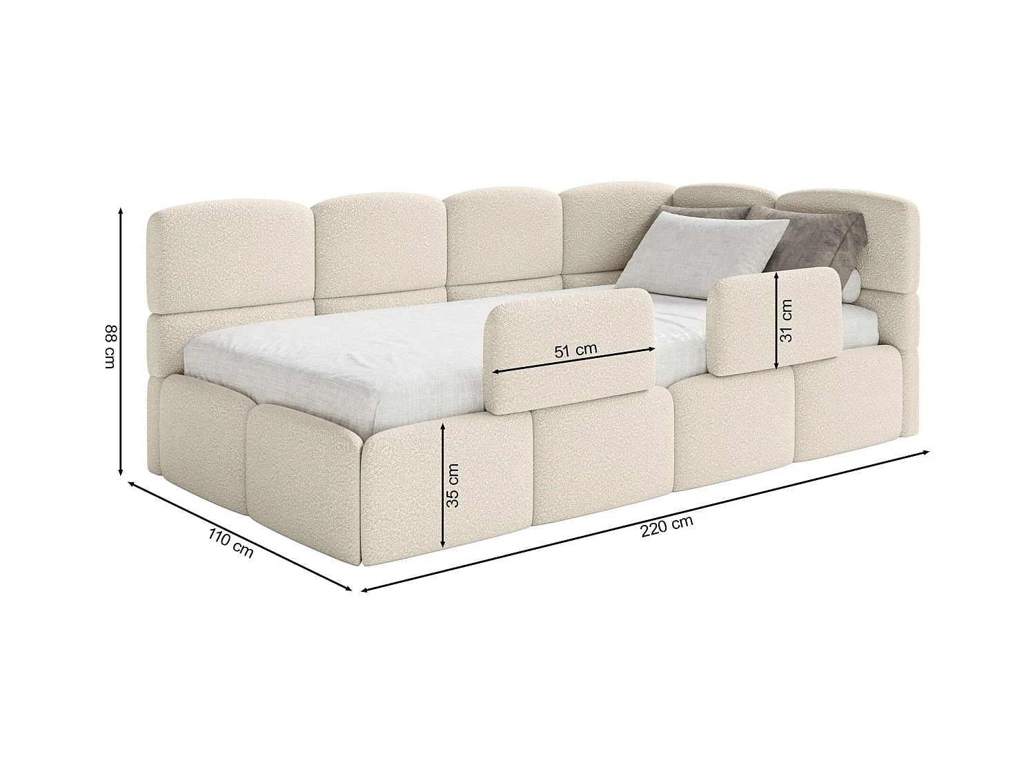 Lit ado avec coffre et barrières - beige clair- côté droit - CLOUDY