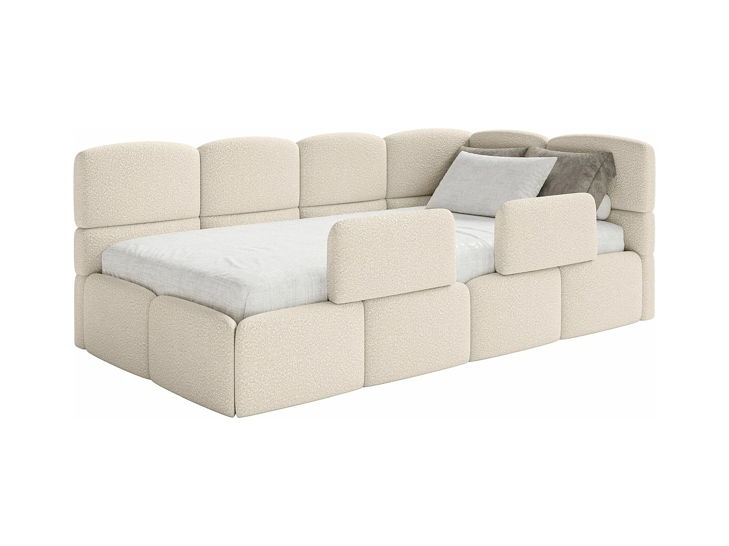 Lit ado avec coffre et barrières - beige clair- côté droit - CLOUDY