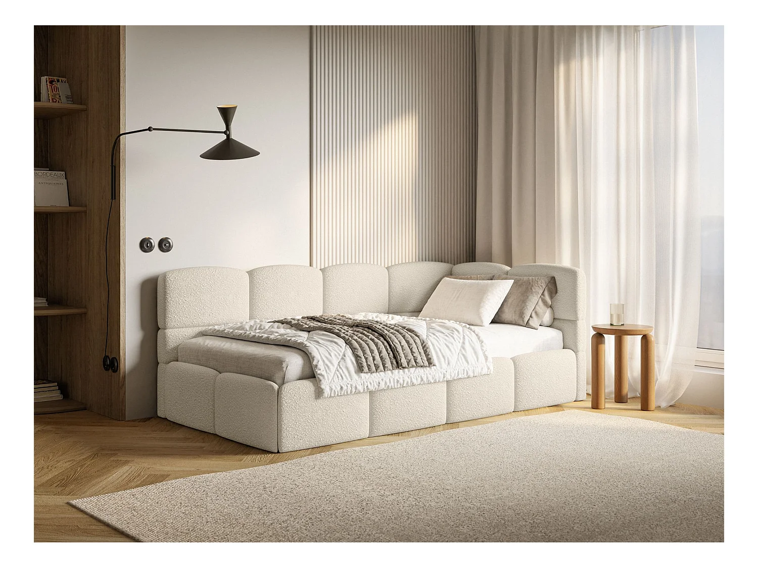 Lit ado avec coffre et barrières - beige clair- côté droit - CLOUDY