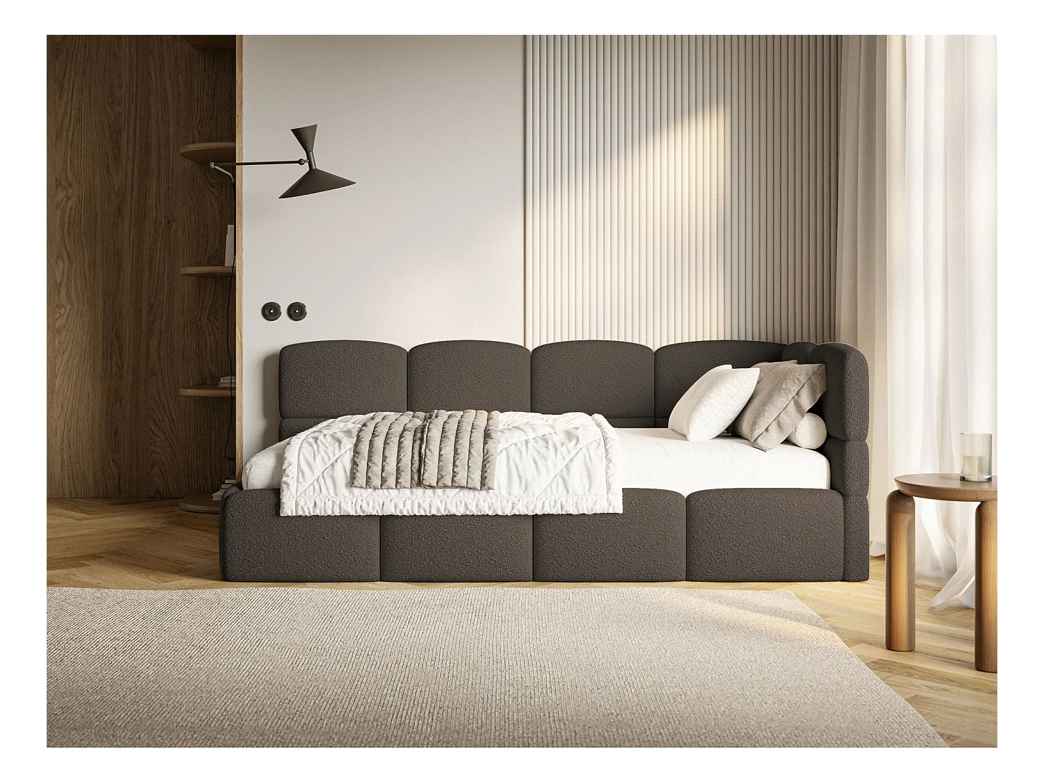 Jugendbett 90x200 - rechts - mit Matratze - Bouclé Braun - CLOUDY