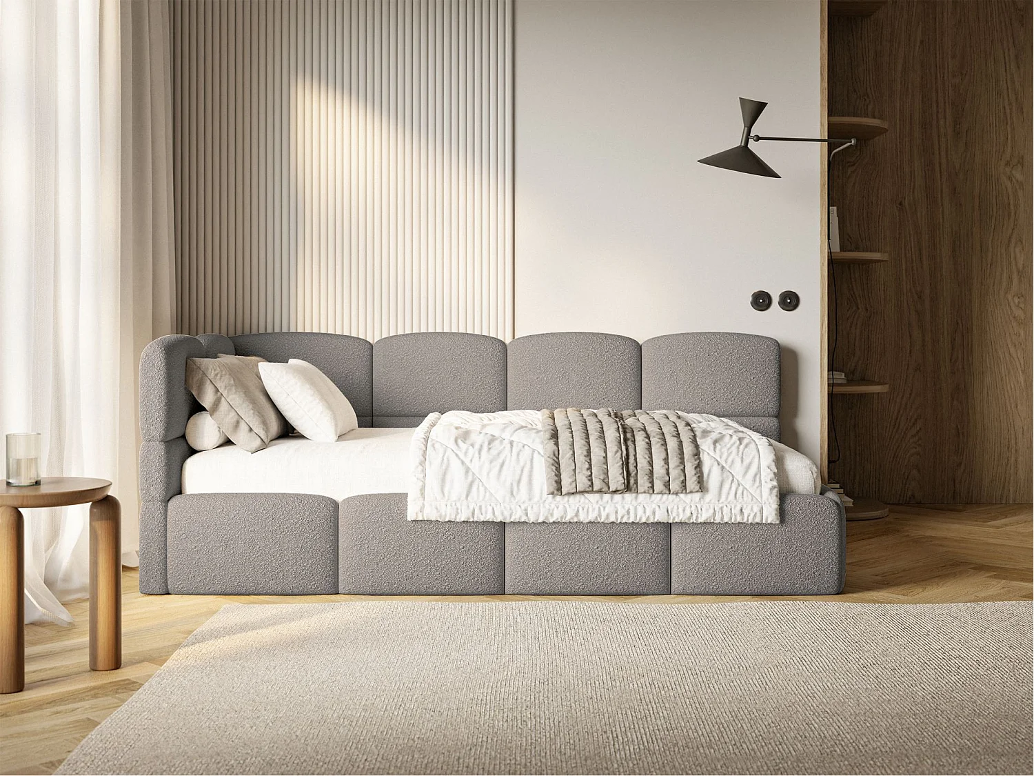Jugendbett 90x200 - links - Bouclé Grau - CLOUDY