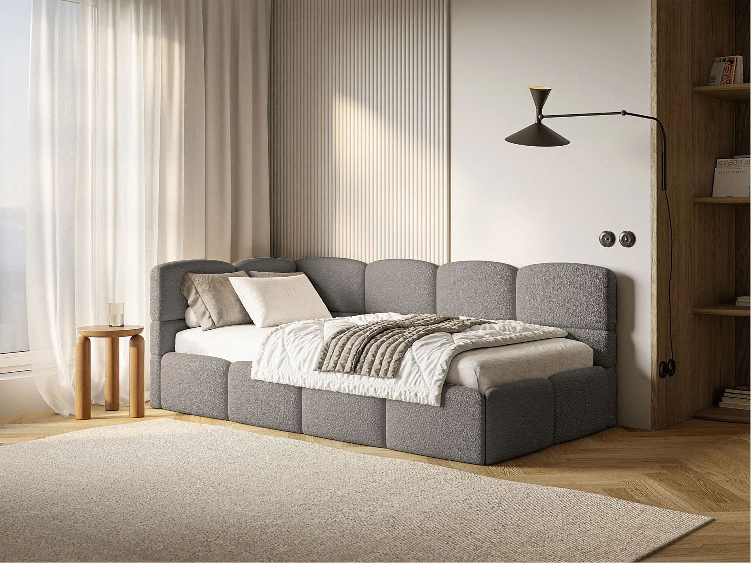 Jugendbett 90x200 - links - Bouclé Grau - CLOUDY
