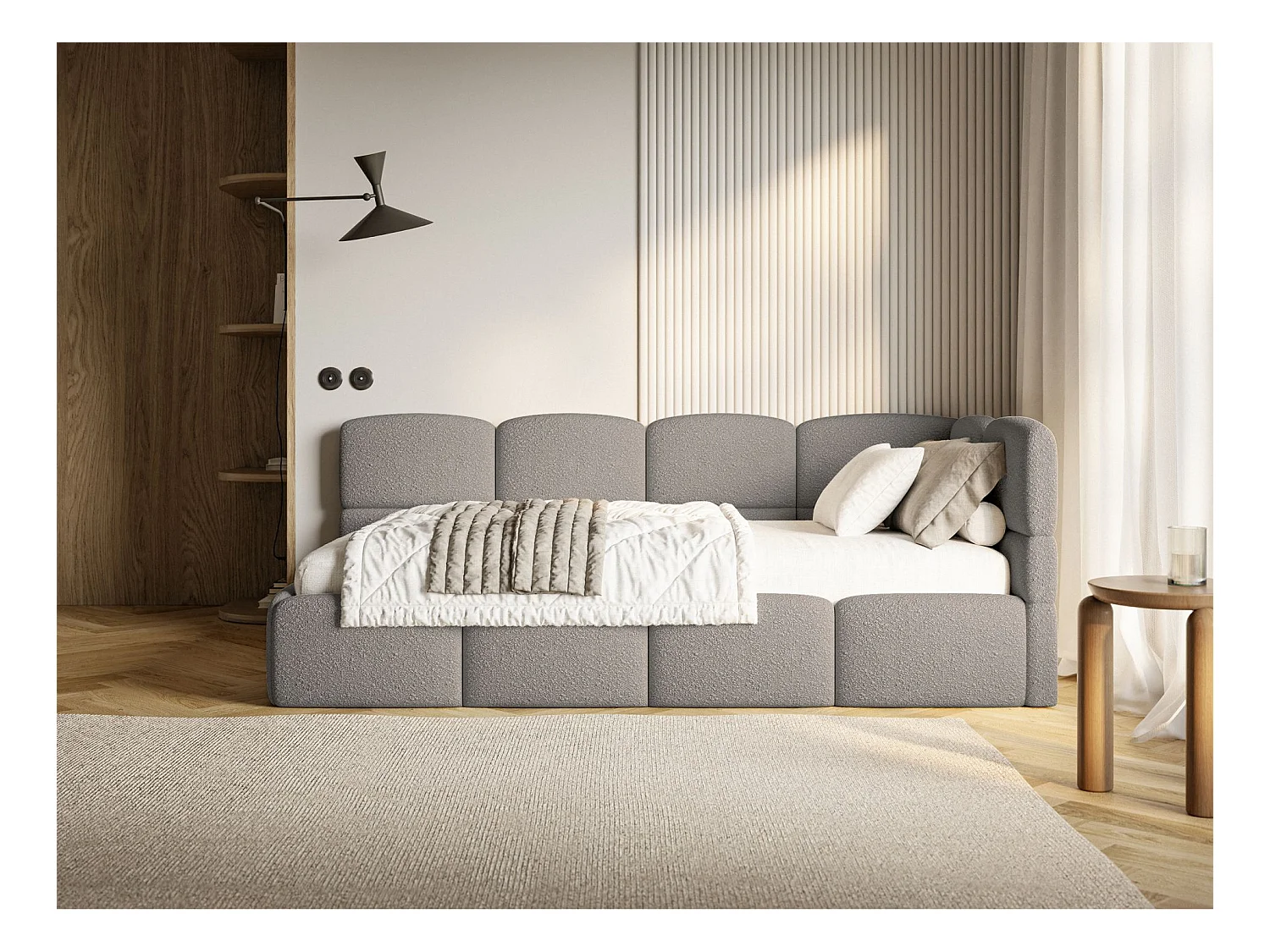 Jugendbett 90x200 - rechts - mit Matratze - Bouclé Grau - CLOUDY