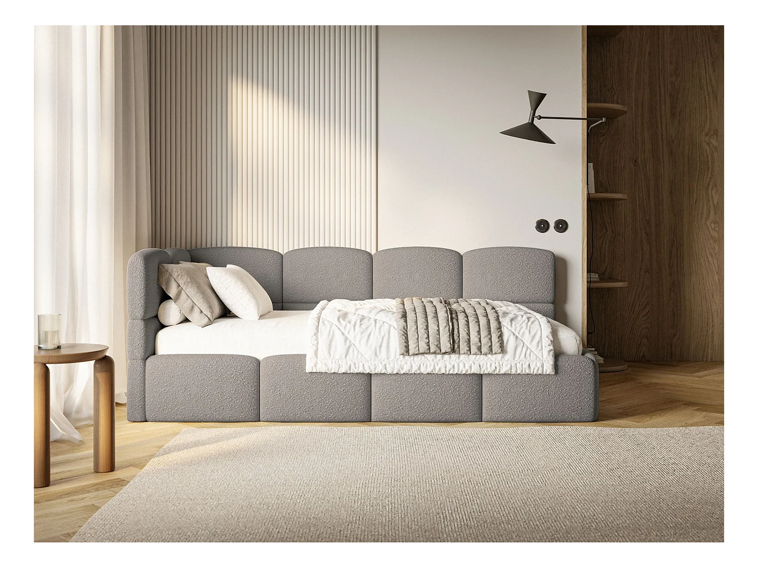 Jugendbett 90x200 - links - mit Matratze - Bouclé Grau - CLOUDY