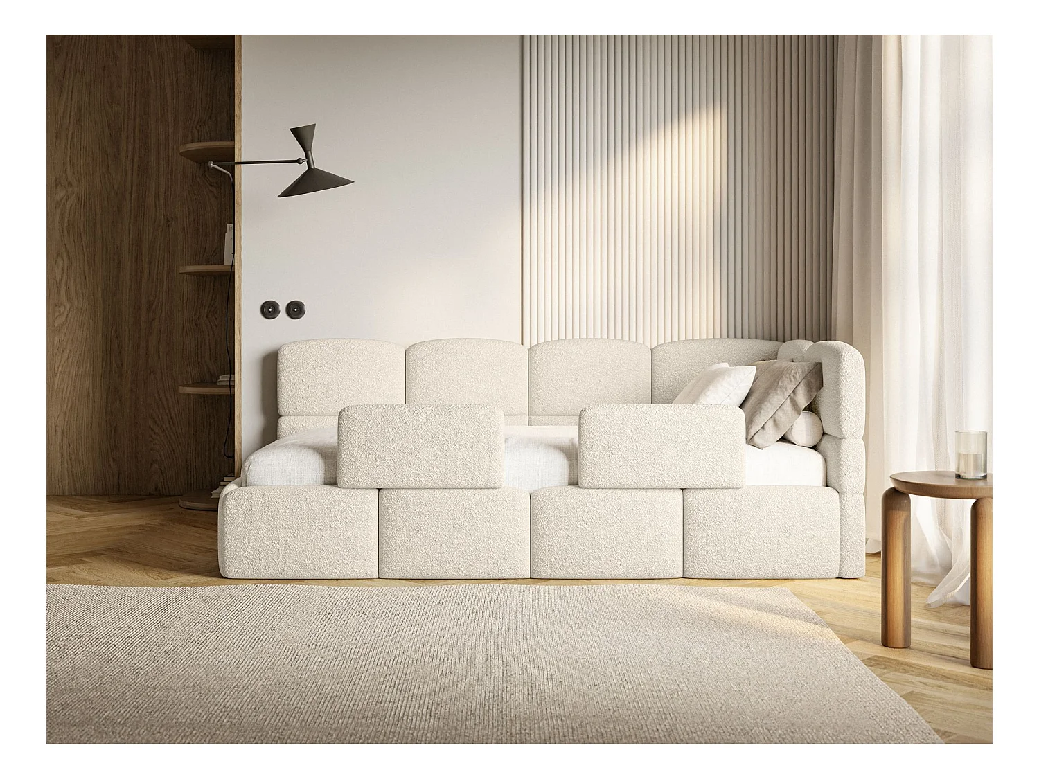 Jugendbett 90x200 - rechts - mit Matratze & Rausfallschutz - Bouclé Hellbeige - CLOUDY