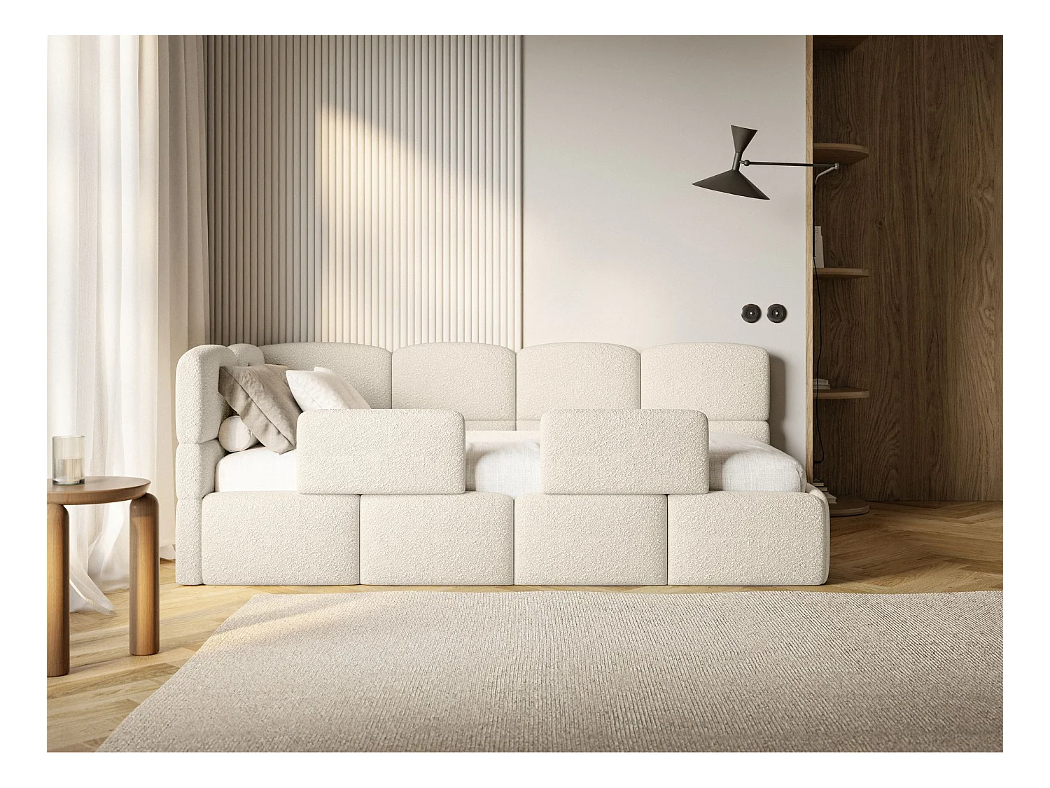 Lit ado avec coffre et barrières - beige clair- côté gauche - CLOUDY