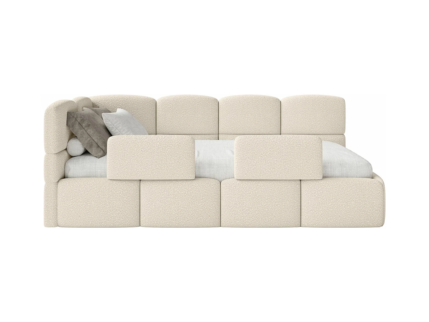 Jugendbett 90x200 - links - mit Rausfallschutz - Bouclé Hellbeige - CLOUDY