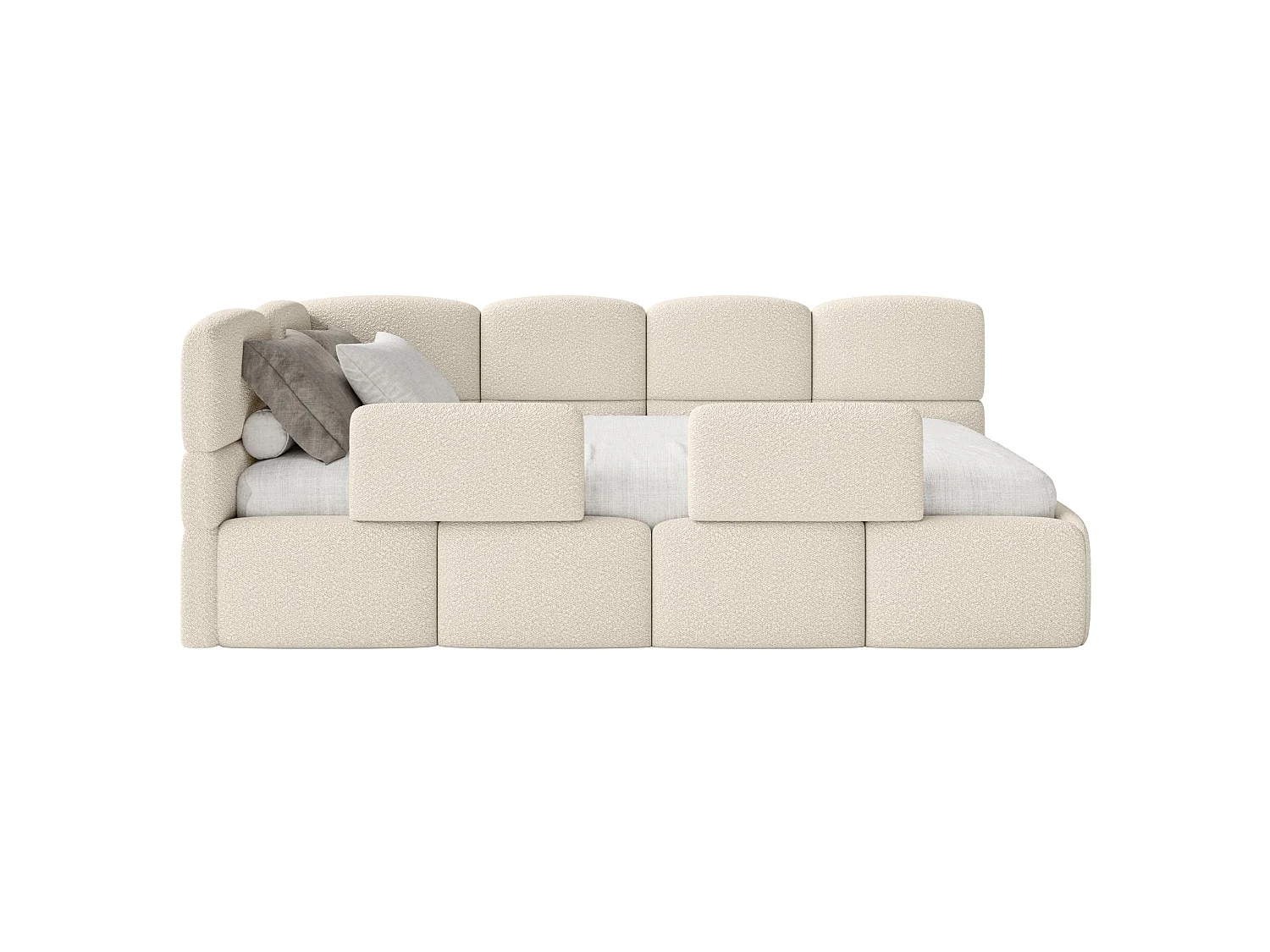 Jugendbett 90x200 - links - mit Rausfallschutz - Bouclé Hellbeige - CLOUDY