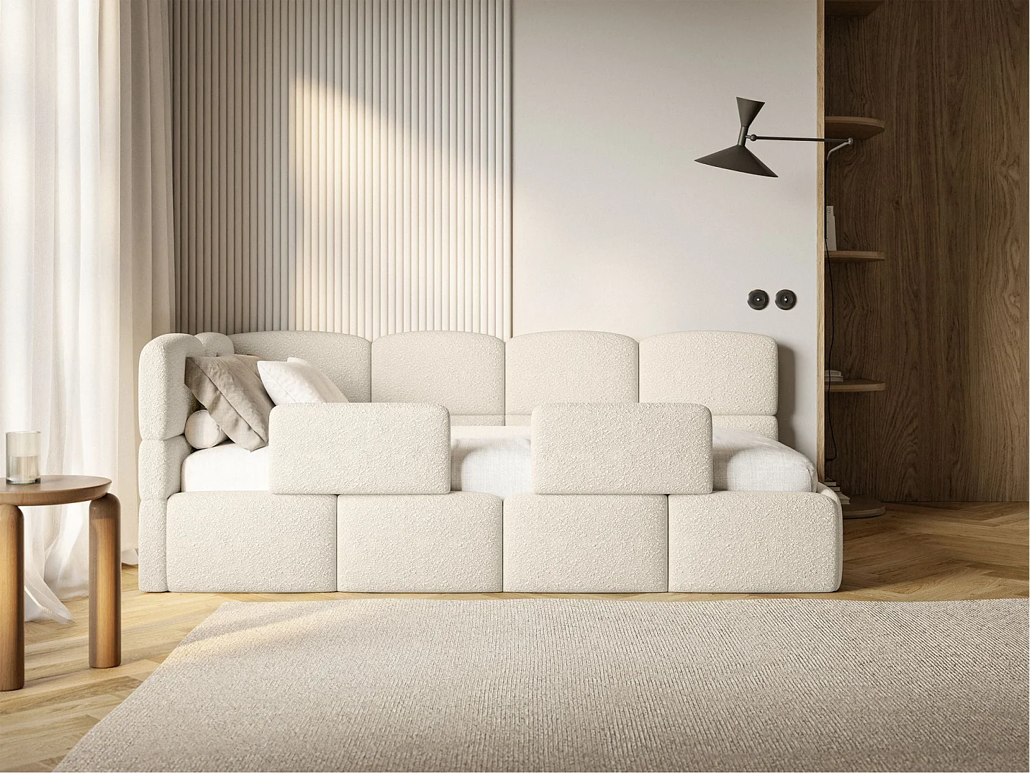 Lit ado avec coffre et barrières - beige clair- côté gauche - CLOUDY